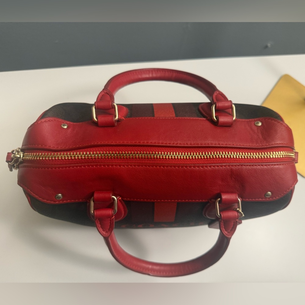 👜 Coach Leather Mini Satchel w/ Signature Stripe – Red & Brown - Picture 10 of 12